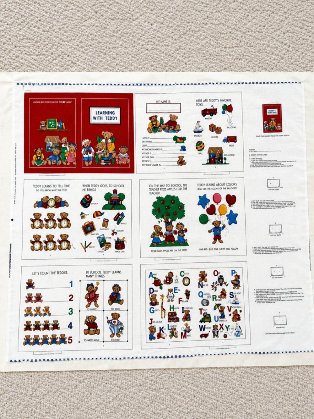 Vintage VIP Cranston Learning With Teddy Cloth Book Fabric Panel Uncut Cotton